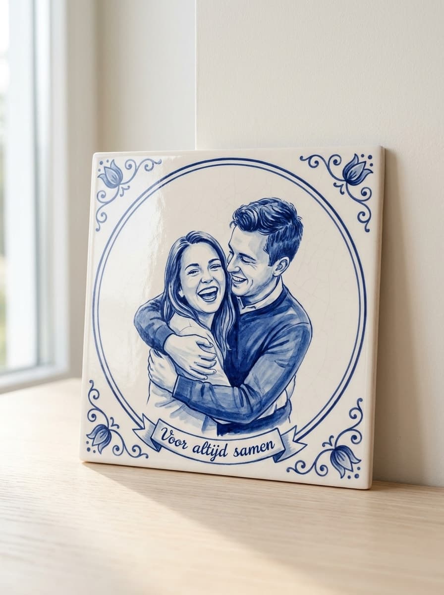Photo tile: your photo painted in Delft Blue on ceramic